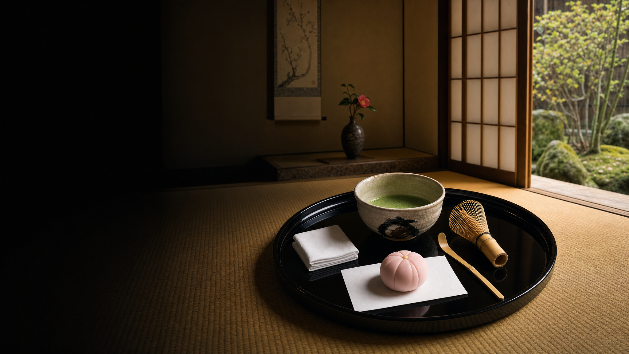 Tatami room with matcha tea ceremony tools prepared for a private workshop